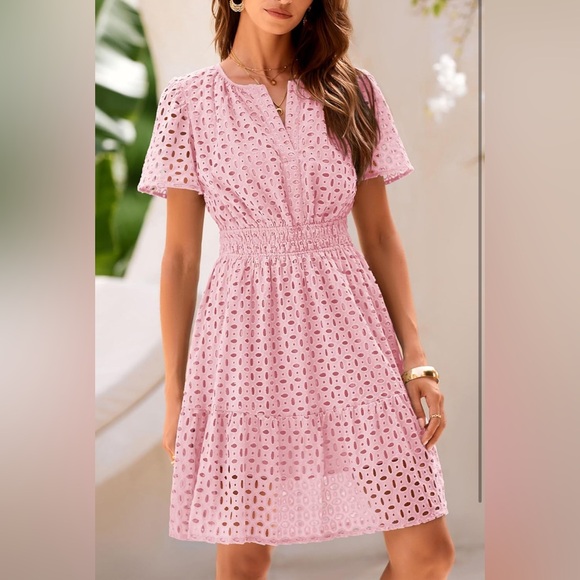 PRETTYGARDEN Short Dress V Neck Short Sleeve A Line Hollow Out Lace Ruffle Dress - Picture 4 of 14